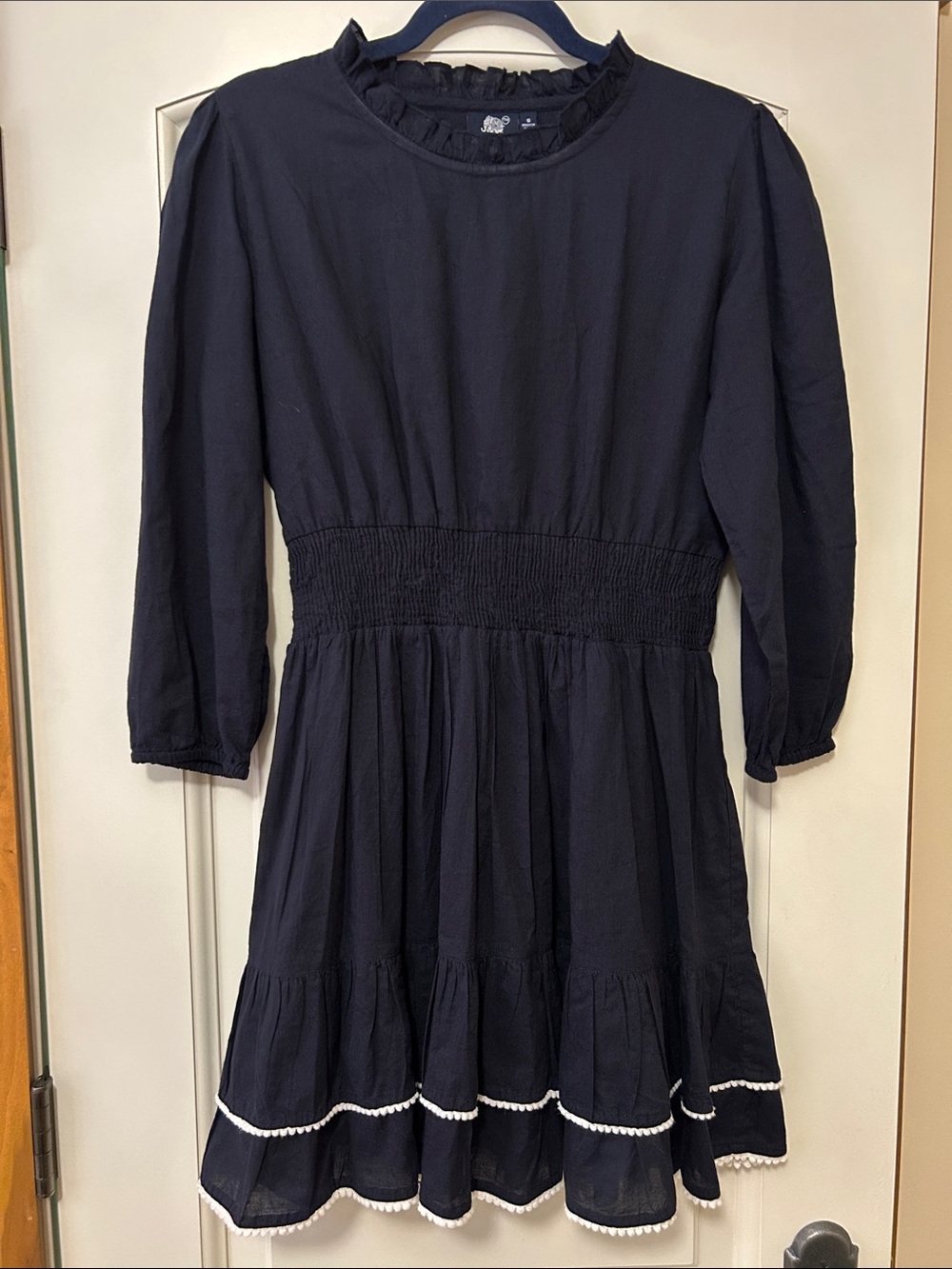 Madison Mathews Black Mini Dress with Smocked Waist, White Trim at Hem